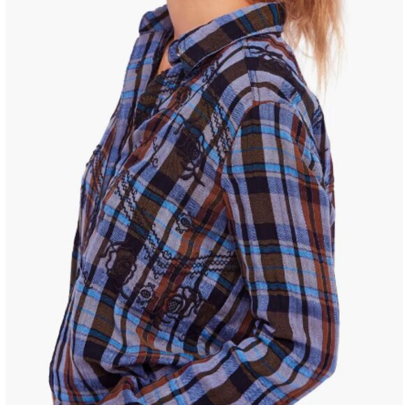 Free People Magical Plaid Embroidered Button Down Plaid Shirt - Blue and Brown - Picture 8 of 8